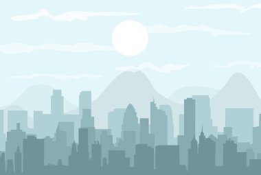 Şehir manzarası arka planı. Skyline siluetleri. Modern mimari. Megalopolis panorama ile yatay pankart. Bina ikonu. Vektör illüstrasyonu