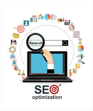 Büyüteçle el, düz illüstrasyon ağ analiz tasarımı ve seo optimizasyonu