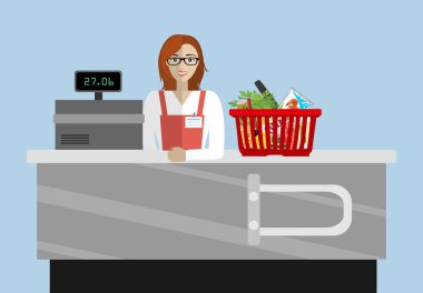 Marketteki kasiyer ya da tezgahtar kadın. Markette çalışan kasiyer müşteriye hizmet ediyor.