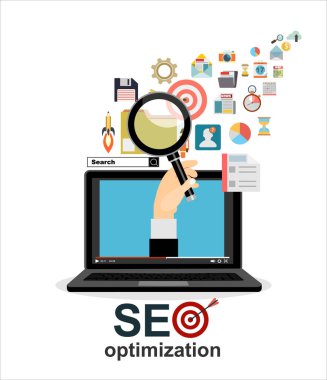 Büyüteçle el, düz illüstrasyon ağ analiz tasarımı ve seo optimizasyonu