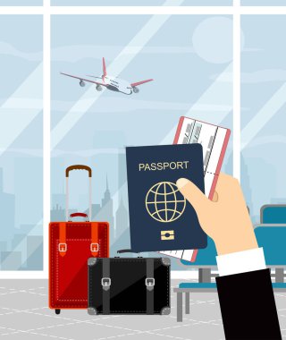 Vize damgalı pasaport, kimlik kartı ve biniş kartı. Düz Vektör İllüstrasyonu