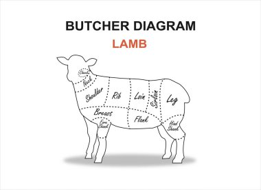 Biftek dilimi. Poster Kasabı diyagramı ve şeması - Lamb. Vektör illüstrasyonu