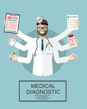 Düz dizayn. Aynı anda birden fazla iş yapan doktor. Tıp hastanesi, steteskop ve sağlık, diş hekimi ve tıp mesleği, doktor sağlık hizmetleri, insan bakımı, meslek doktoru, iş doktoru üniforması illüstrasyonu