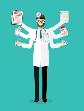 Düz dizayn doktor. Aynı anda birden fazla iş yapan doktor. Doktor Shiva Karakter Vektör Konsepti.