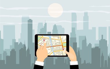 Çizgi filmdeki el akıllı telefon ya da tablet bilgisayarı tutuyor. Gündüz şehir manzarasına karşı navigasyon uygulaması kullanıyor. Navigasyon konsepti. Düz dizayn. resimleme. 