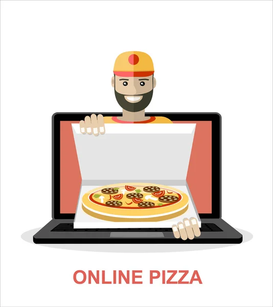 Koncepcja Usługi Szybkiej Dostawy Pizzy Człowiek Poza Monitorem Ilustracja Wektora — Wektor stockowy