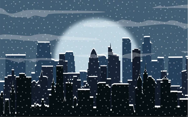 Silhouette Hivernale Ville Bâtiments Flocons Neige Tombants Ciel Noël Nouvel — Image vectorielle