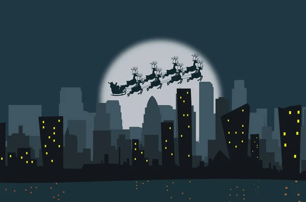 冬季城市的轮廓 圣诞老人雪橇飞过城市的天际 月亮和天空 圣诞节和新年 冬季城市景观病媒图解 — 图库矢量图片