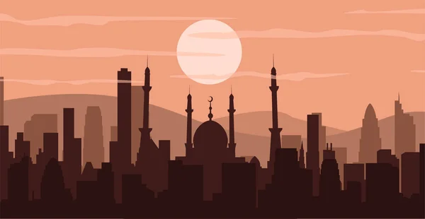 Silhouette Une Mosquée Bâtiments Silhouette Paysage Urbain Avec Des Montagnes — Image vectorielle