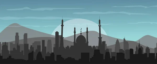 Silhouette Une Mosquée Bâtiments Silhouette Paysage Urbain Avec Des Montagnes — Image vectorielle