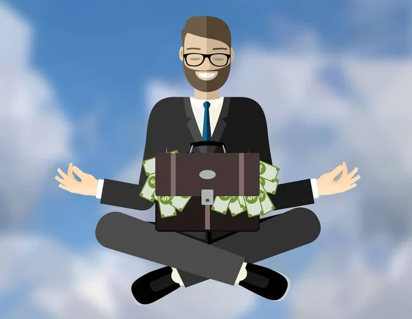 Επιτυχημένος Επιχειρηματίας Στα Σύννεφα Διαλογίζεται Καθισμένος Και Βαλίτσα Γεμάτη Χρήματα — Διανυσματικό Αρχείο