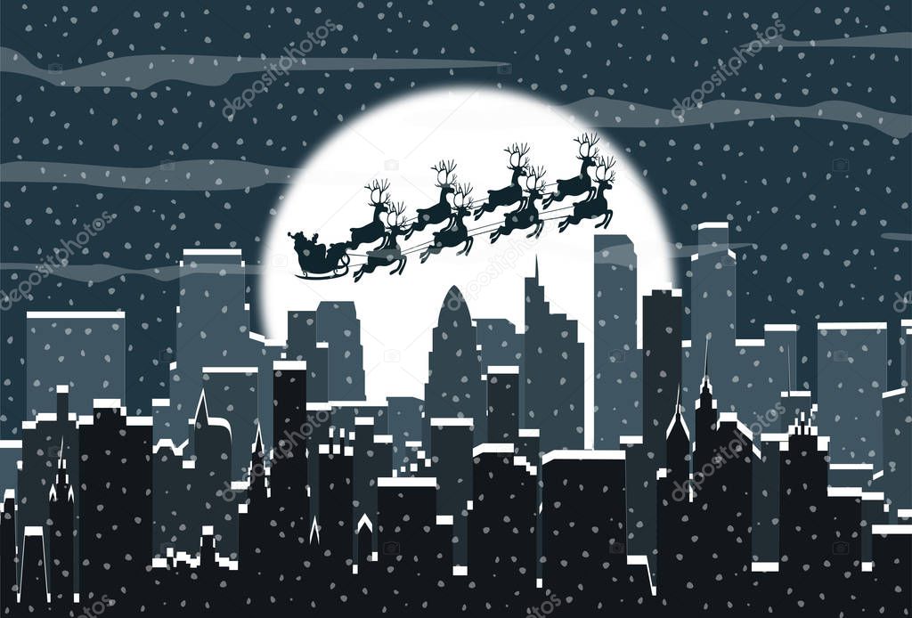 Winter city silhouette. Santa sleigh over urban skyline, moon and sky. Christmas and new year, winter urban cityscape vector illustration