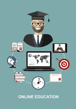 Online eğitim. Düz tasarım grafik elementler, işaretler ve semboller, çizgi simgeleri ayarlandı. Web afişleri, web siteleri, bilgi grafikleri, basılı materyaller için modern konsept. Vektör illüstrasyonu