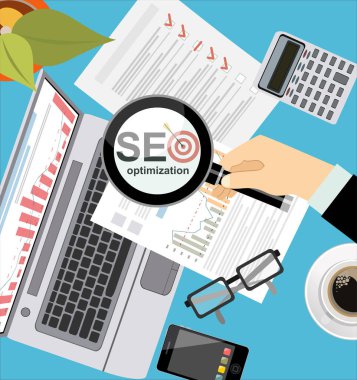 Büyüteçle el, düz illüstrasyon ağ analiz tasarımı ve seo optimizasyonu