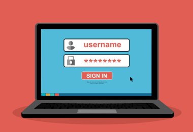 Ekranda giriş formu sayfası olan dizüstü bilgisayar. Hesap, kullanıcı yetkilendirmesi, giriş doğrulama sayfası konseptini imzalayın. Kullanıcı adı, şifre alanları, düğmeye basın. Tasarım vektörü illüstrasyonu