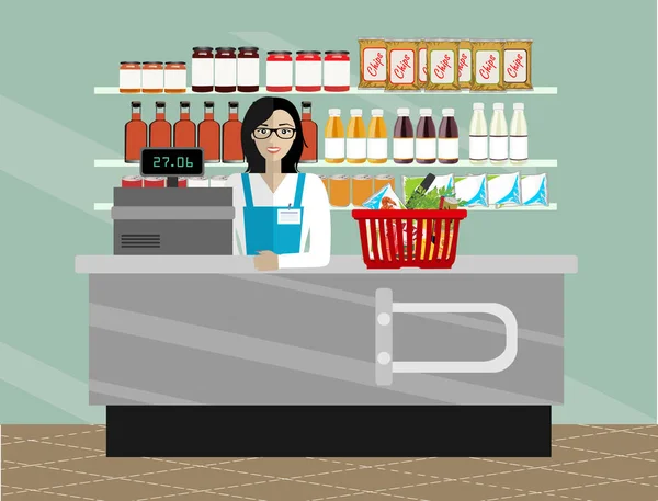 Supermarket Store Cashier Woman Sales Clerk Store Cashier Working Grocery — Stock Vector
