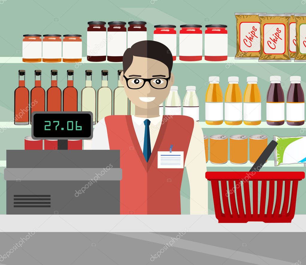 Supermarket store counter desk equipment and clerk in uniform ringing up grocery purchases. Flat style vector illustration isolated on blue background.