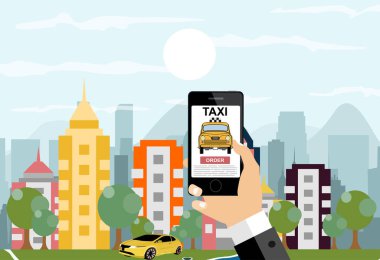 Taksi rezervasyonu için mobil uygulamalı akıllı telefon insan eliyle tutulur. Vektör düz resimleme