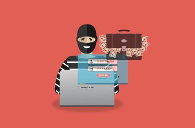 Maskeli hırsız dizüstü bilgisayardan şifreleri çalıyor. Anti phishing ve internet virüsleri konsepti. Çizgi film Vektör İllüstrasyonu.