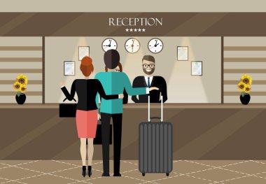 Modern resepsiyon, bilgisayar, tuş takımı, saatler, servis zili. Otel pansiyonunun lobisi, turizm konsepti. Düz tasarımda vektör illüstrasyonu