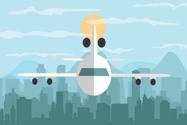 Morning City silueti. Binalar, dağlı siluet şehir manzarası. Büyük şehir sokakları. Gökyüzü güneşli ve bulutlu. Vektör çizimi. Şehir üzerinde uçan bir uçak. Vektör illüstrasyonu