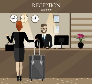Modern resepsiyon, bilgisayar, tuş takımı, saatler, servis zili. Otel pansiyonunun lobisi, turizm konsepti. Düz tasarımda vektör illüstrasyonu