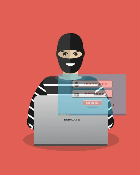 Thief Hacker Máscara Robando Contraseñas Ordenador Portátil Phishing Virus Internet — Vector de stock