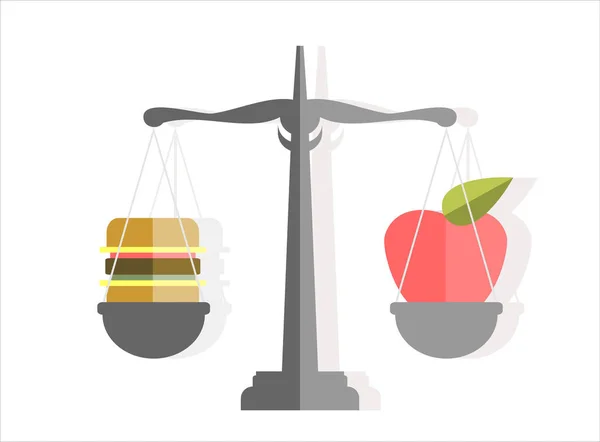 Escalas Con Manzana Hamburguesas Que Muestran Equilibrio Entre Alimentos Sanos — Archivo Imágenes Vectoriales