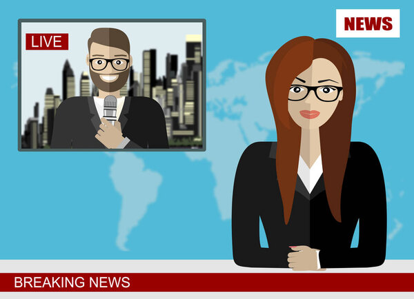 News anchor broadcasting the news with a reporter live on screen vector illustration