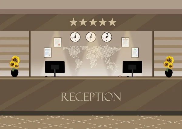 Intérieur Réception Moderne Ordinateur Clavier Horloges Cloche Service Hôtel Auberge — Image vectorielle