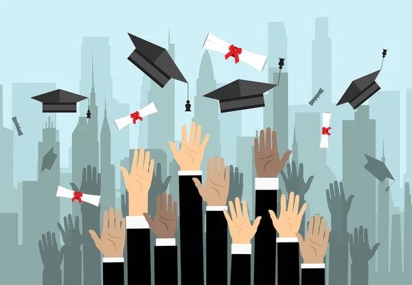 Des Mains Diplômés Jetant Des Chapeaux Graduation Dans Les Airs — Image vectorielle