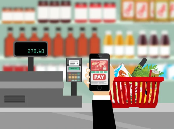 Pos Terminal Confirms Payment Smartphone Supermarket Interior Cashier Counter Workplace — Stock Vector