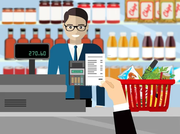 Supermarket Interior Cashier Counter Workplace Hand Receipt Basket Food Drinks — Stock Vector