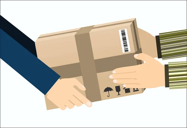 Courier Hands Dando Caixa Papelão Conceito Serviço Entrega Ilustração Vetorial —  Vetores de Stock