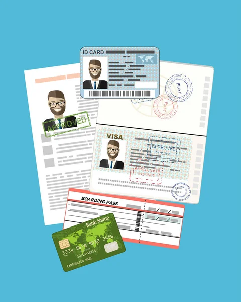 Паспорт Визовым Штампом Удостоверение Личности Посадочный Талон Плоский Вектор — стоковый вектор