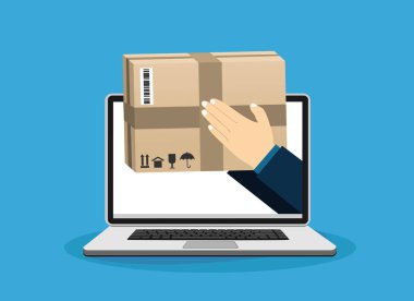 Çevrimiçi hızlı teslimat hizmeti kavramı. Eller dizüstü bilgisayarın dışında bir paket kutusu tutuyor. Düz vektör illüstrasyonu.