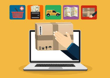 Çevrimiçi hızlı teslimat hizmeti kavramı. Eller dizüstü bilgisayarın dışında bir paket kutusu tutuyor. Düz vektör illüstrasyonu.