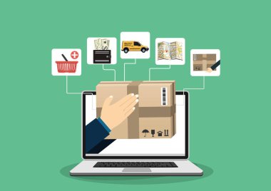 Çevrimiçi hızlı teslimat hizmeti kavramı. Eller dizüstü bilgisayarın dışında bir paket kutusu tutuyor. Düz vektör illüstrasyonu.