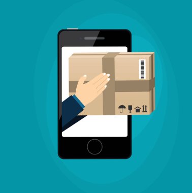 Çevrimiçi hızlı teslimat hizmeti kavramı. Eller dizüstü bilgisayarın dışında bir paket kutusu tutuyor. Düz vektör illüstrasyonu.