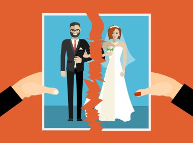 Ayrılın. Kriz ilişkisi boşanması. Erkek ve kadın, bir grup fotoğrafını sembol çatışması, mutsuz aşk olarak yırtar. Vektör çizimi düz tasarım. Ayrılan çift.