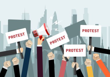 İnsanların siluet kalabalığı protestocular, düz vektör illüstrasyonu