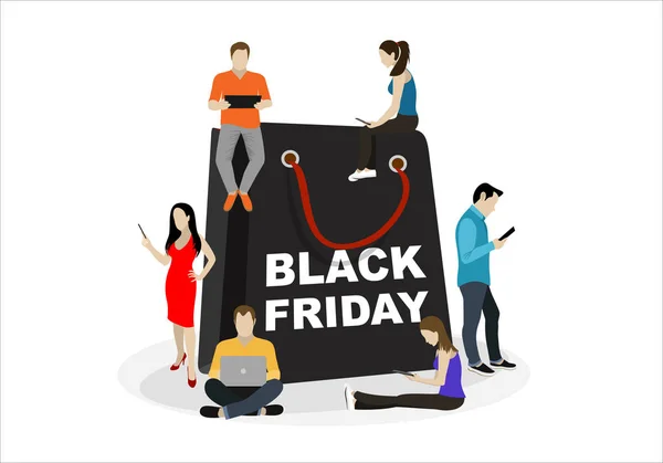 Cartoon People Gadgets Black Friday Poster Concept Flat Vector Illustration — Stock Vector