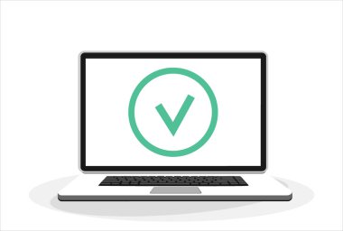 Kontrol işareti, dizüstü bilgisayarın içinde onaylanmış şarkı, vektör illüstrasyon konsepti tasarımı