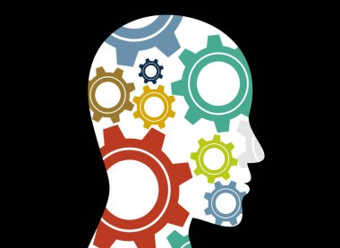 Kafanın içindeki dişliler, düşünme süreci, vektör illüstrasyon konsept tasarımı