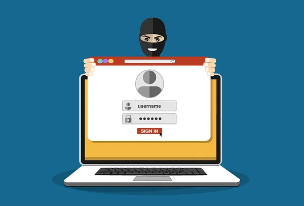 Tjuv Hackare Mask Stjäla Lösenord Begreppet Nätfiske Och Internetvirus Tecknad — Stock vektor
