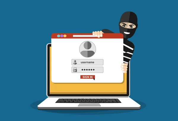 Zloděj Masce Krade Hesla Proti Phishing Internet Viry Koncept Cartoon — Stockový vektor