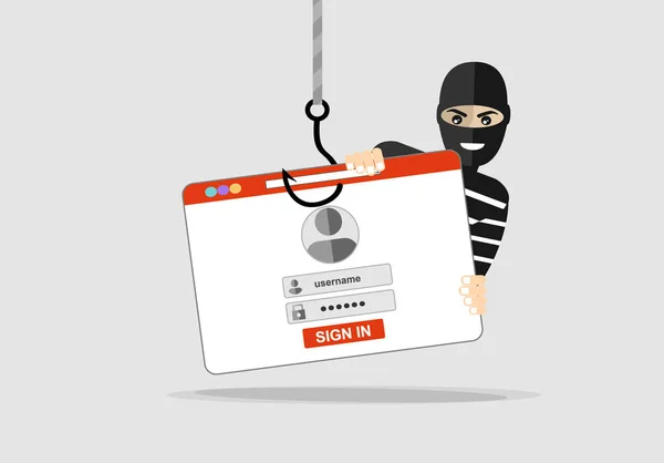 Thief Hacker Mask Stealing Passwords Phishing Internet Viruses Concept Cartoon — 스톡 벡터