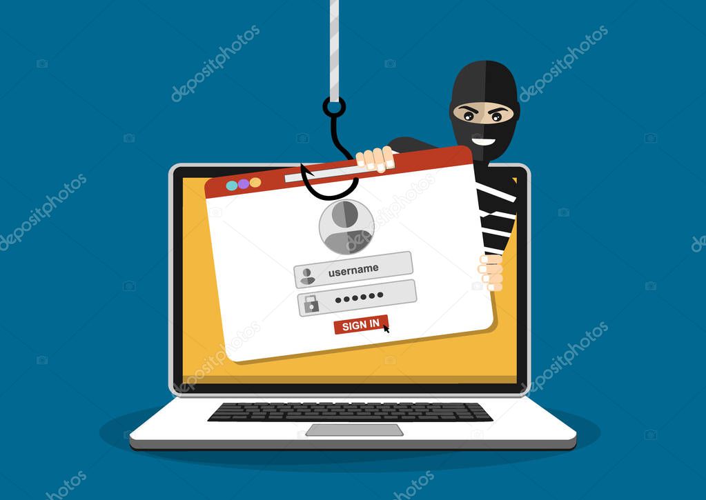 Thief hacker in mask stealing passwords. anti phishing and internet viruses concept. Cartoon Vector Illustration. Cartoon Vector Illustration.