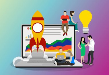 roket ve dizüstü bilgisayar web pankartı, basitçe vektör illüstrasyonu 