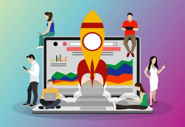 roket ve dizüstü bilgisayar web pankartı, basitçe vektör illüstrasyonu 